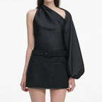 BLACK TAFFETA DRAPED SLEEVE TOP