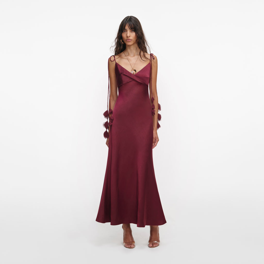 BURGUNDY SATIN FLOWER MIDI DRESS