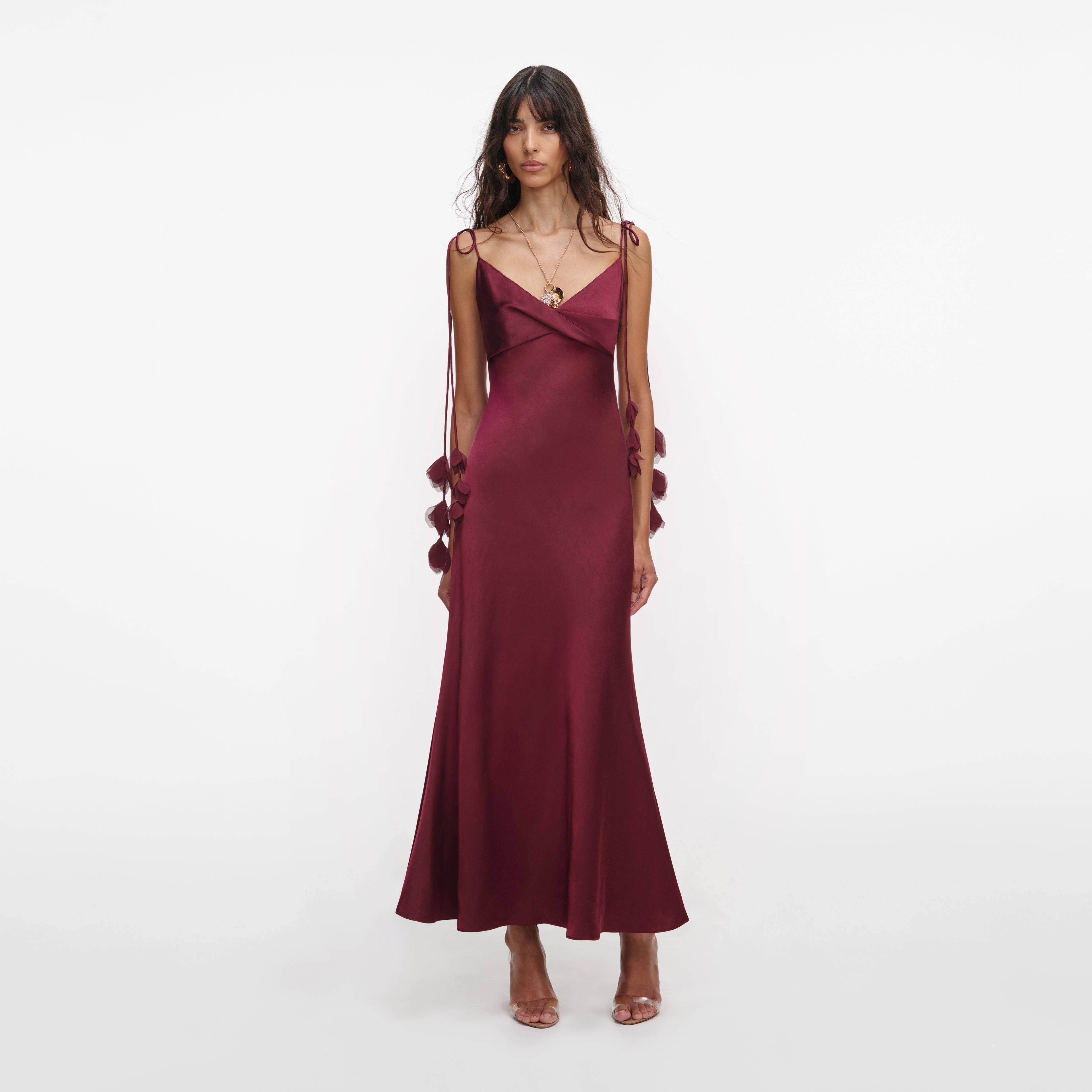 BURGUNDY SATIN FLOWER MIDI DRESS