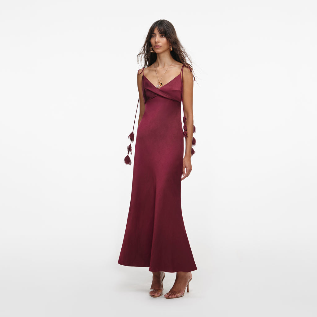 BURGUNDY SATIN FLOWER MIDI DRESS