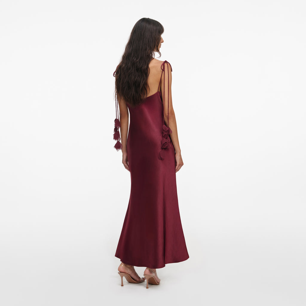 BURGUNDY SATIN FLOWER MIDI DRESS