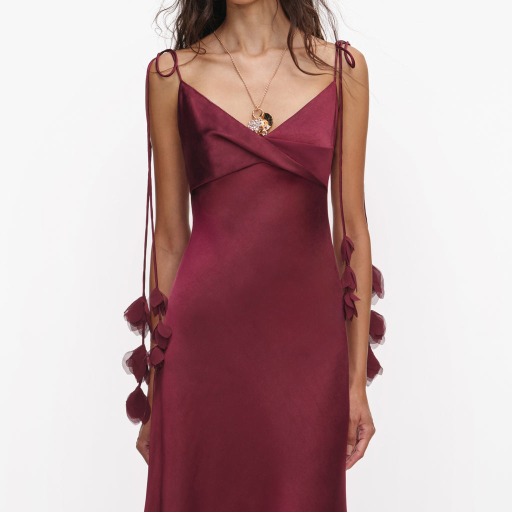 BURGUNDY SATIN FLOWER MIDI DRESS