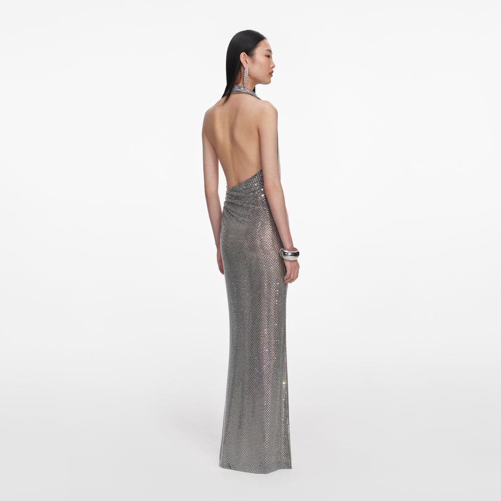 Grey Rhinestone Drape Maxi Dress