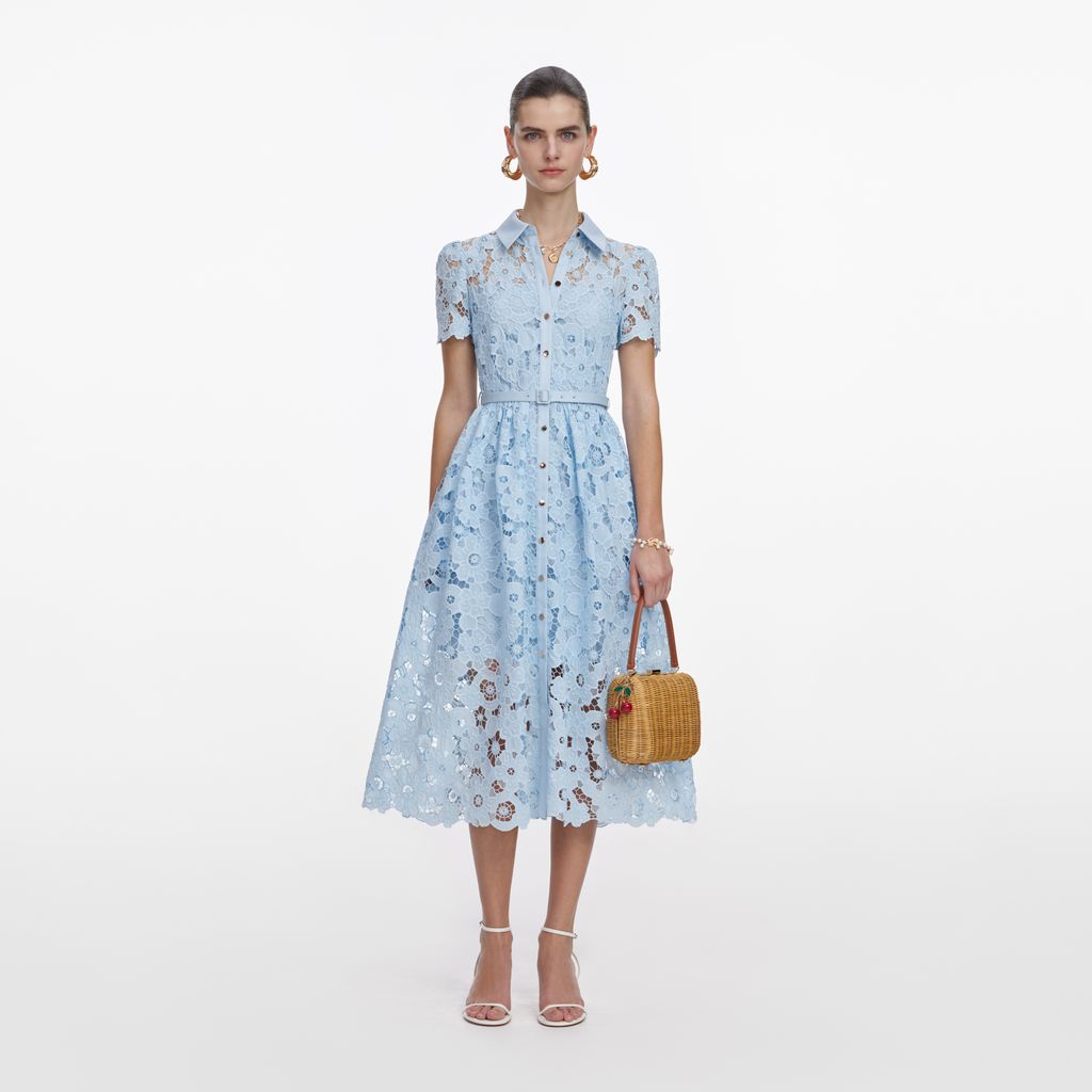 Blue Lace Collared Midi Dress