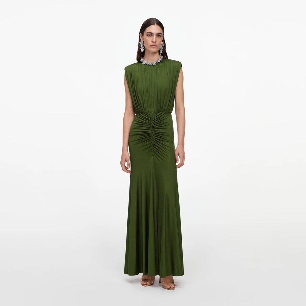 Olive Jersey Gathered Maxi Dress