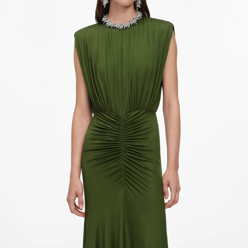 Olive Jersey Gathered Maxi Dress
