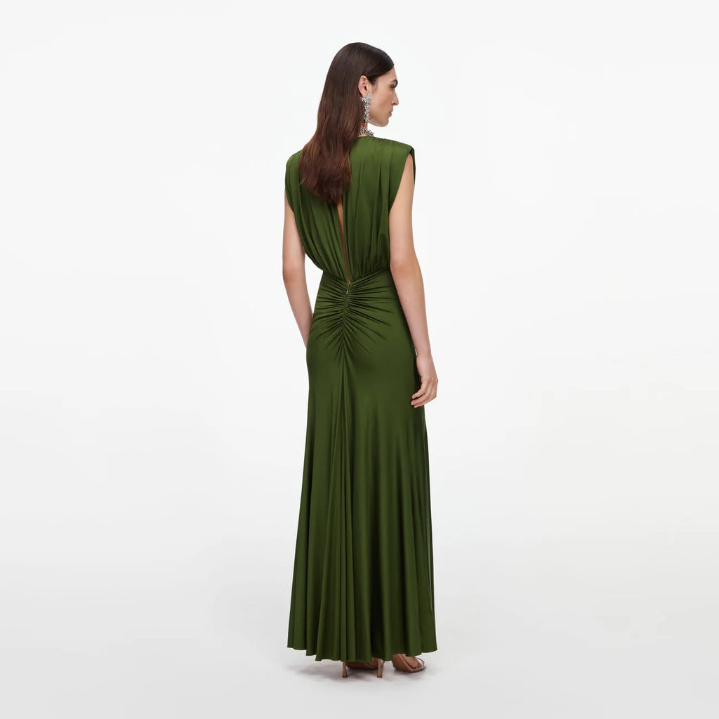 Olive Jersey Gathered Maxi Dress