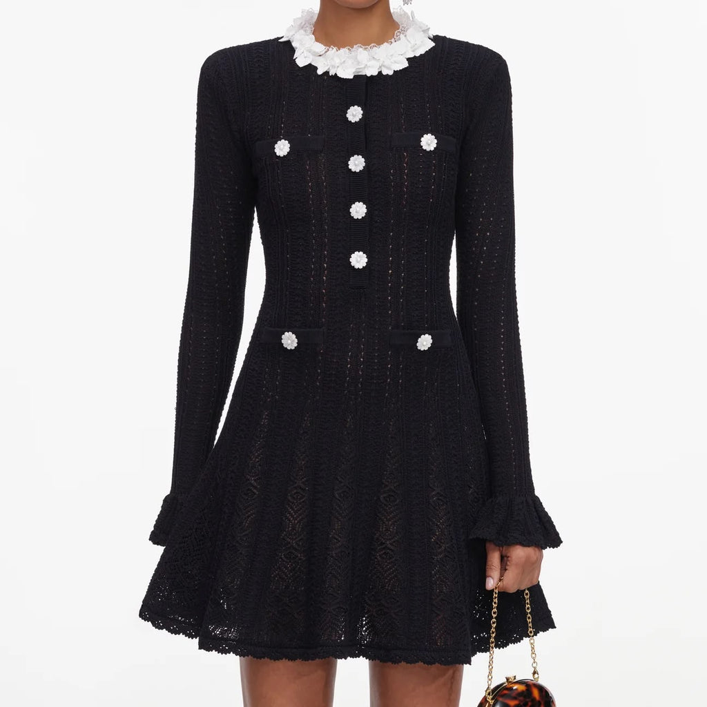 Black Flower Trim Mini Dress