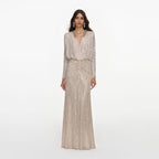 Champagne Rhinestone Embellished Maxi Dress