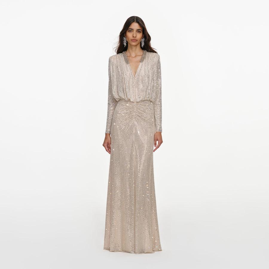 Champagne Rhinestone Embellished Maxi Dress