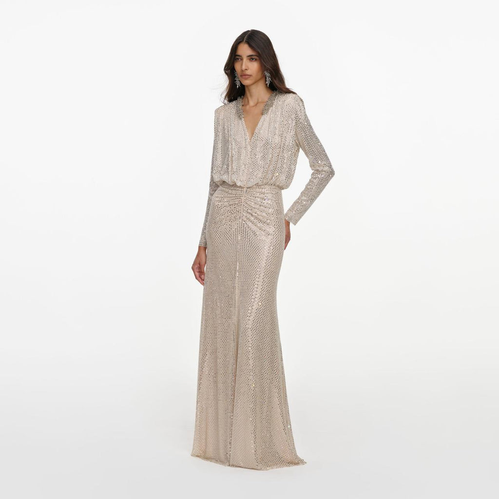 Champagne Rhinestone Embellished Maxi Dress