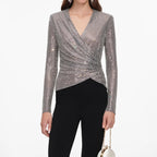 Grey Rhinestone Mesh Wrap Top