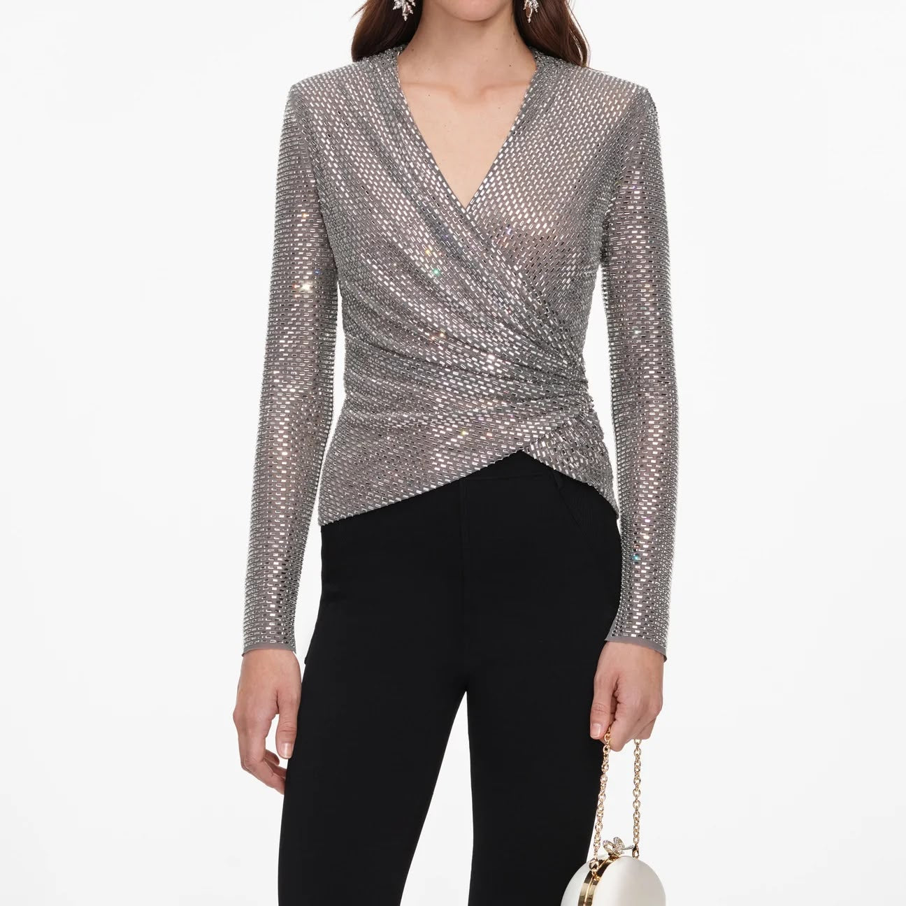 Grey Rhinestone Mesh Wrap Top