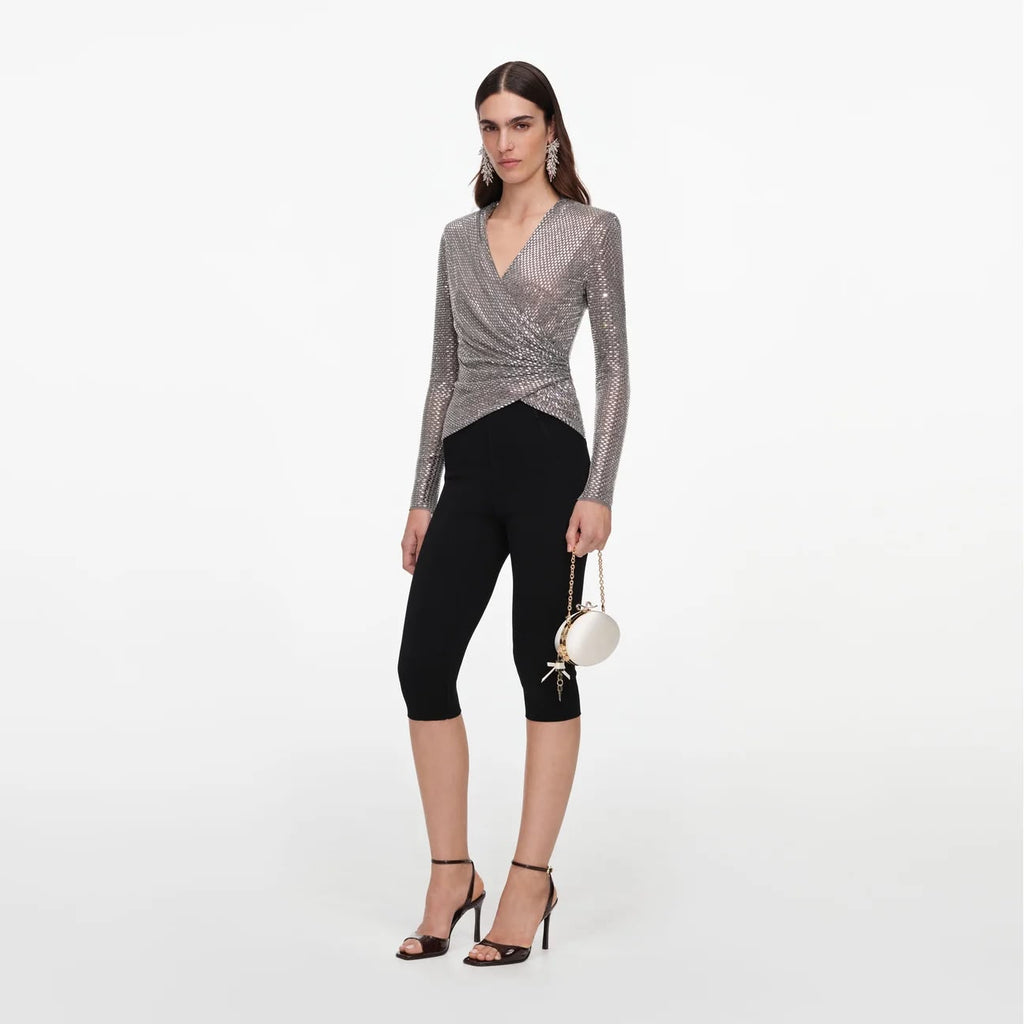 Grey Rhinestone Mesh Wrap Top