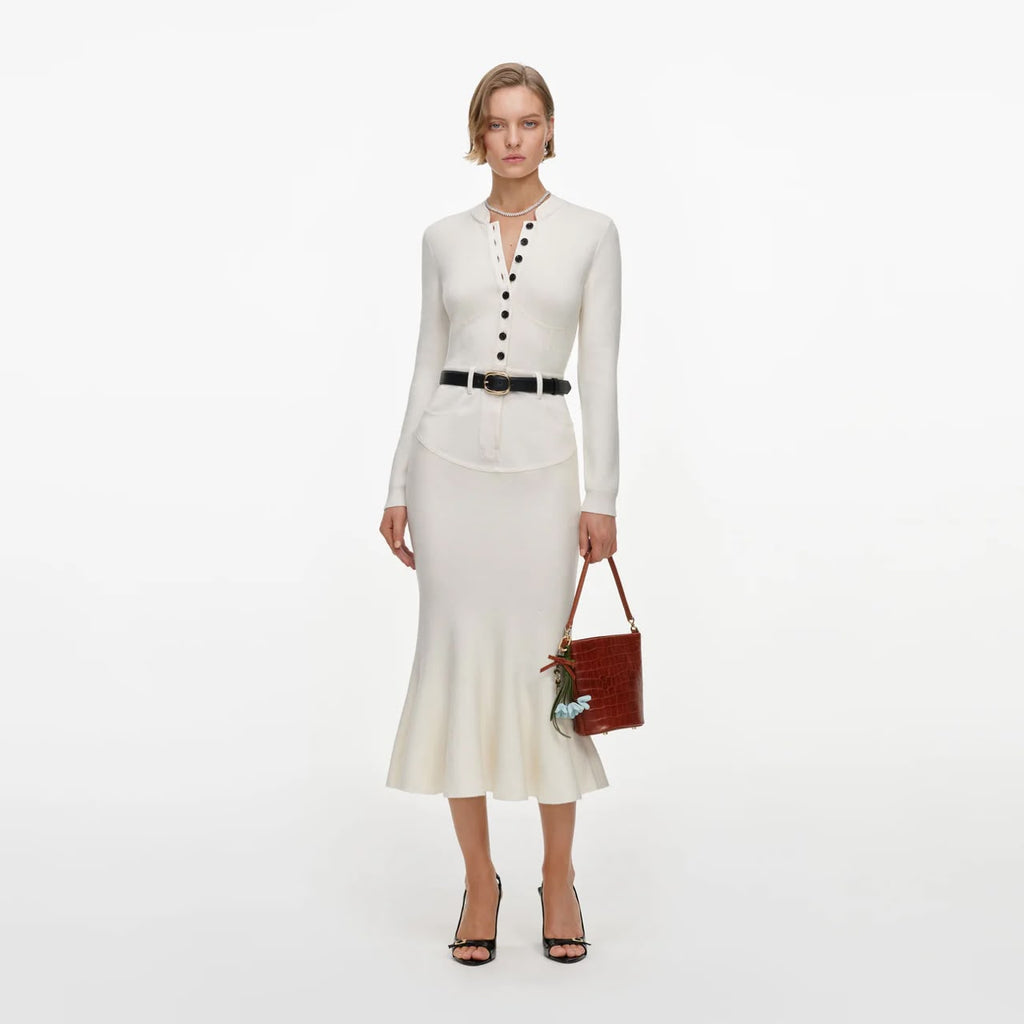 Cream Knit Denim Insert Midi Dress