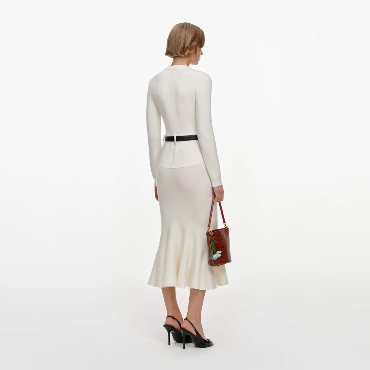 Cream Knit Denim Insert Midi Dress