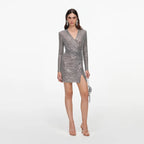 Grey Rhinestone Mesh Wrap Mini Dress