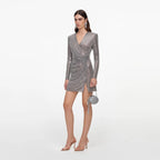 Grey Rhinestone Mesh Wrap Mini Dress