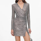 Grey Rhinestone Mesh Wrap Mini Dress