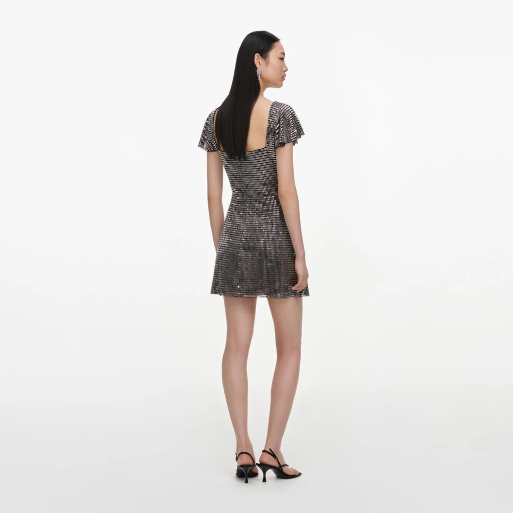 Grey Rhinestone Mesh Mini Dress