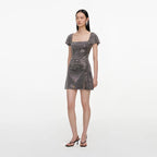 Grey Rhinestone Mesh Mini Dress