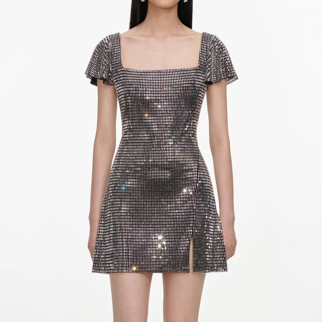 Grey Rhinestone Mesh Mini Dress