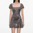 Grey Rhinestone Mesh Mini Dress