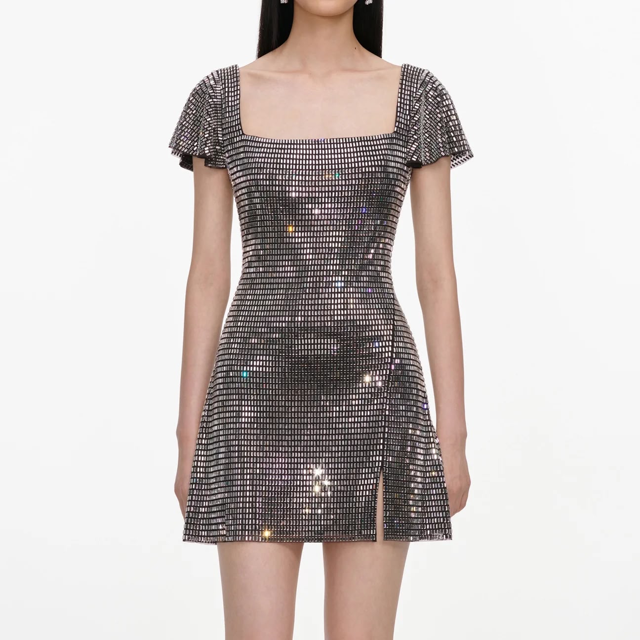 Grey Rhinestone Mesh Mini Dress