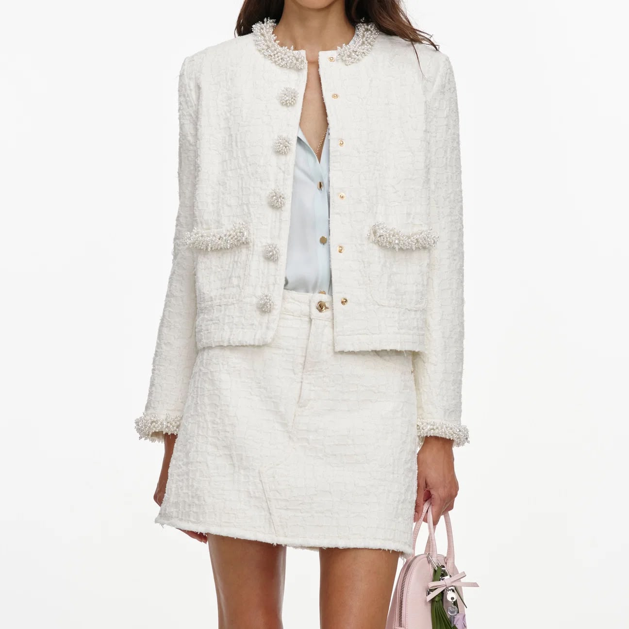 Cream Textured Denim Jacket