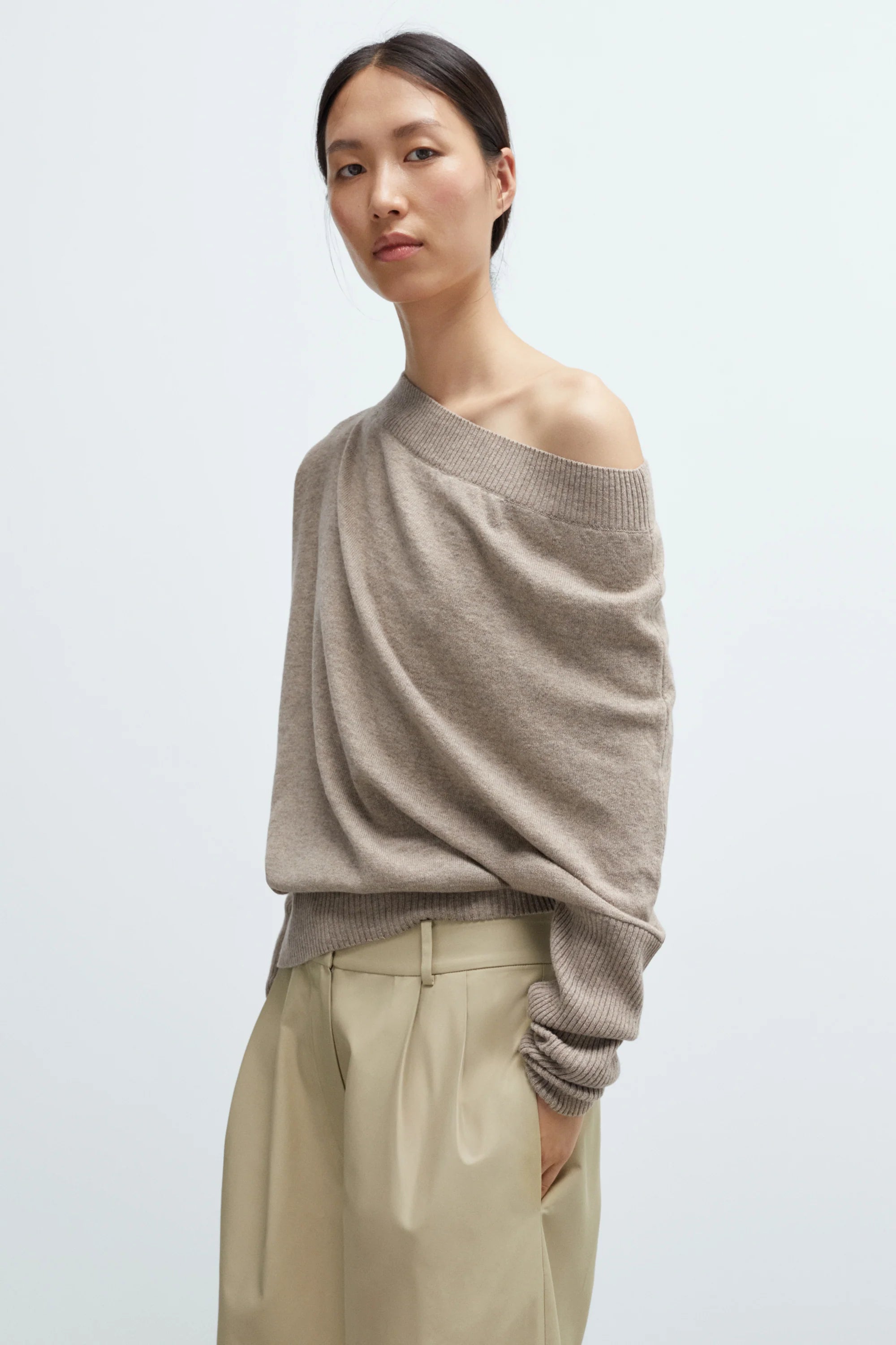 Merino Wool Off-Shoulder Sweater Taupe