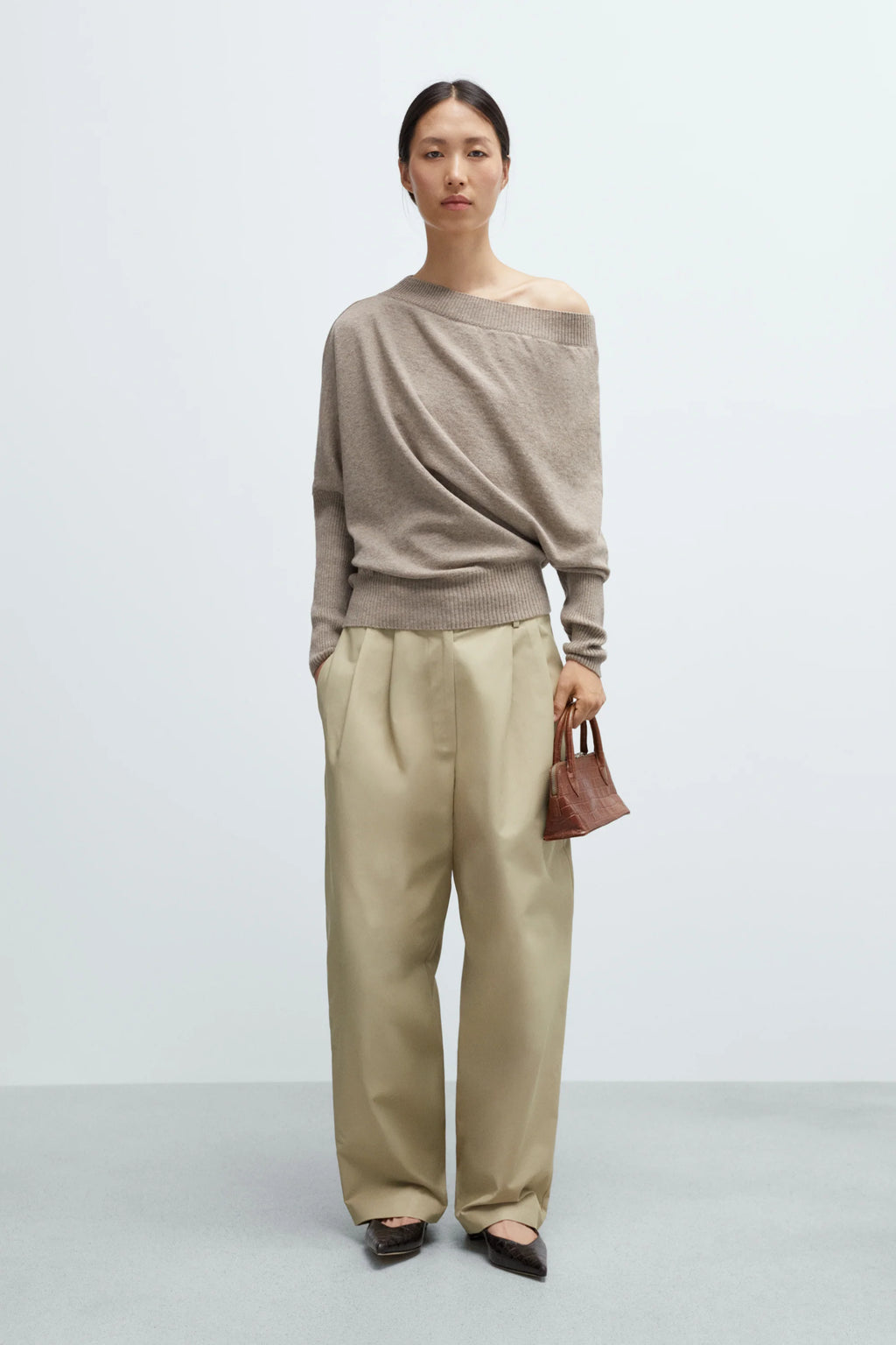 Merino Wool Off-Shoulder Sweater Taupe