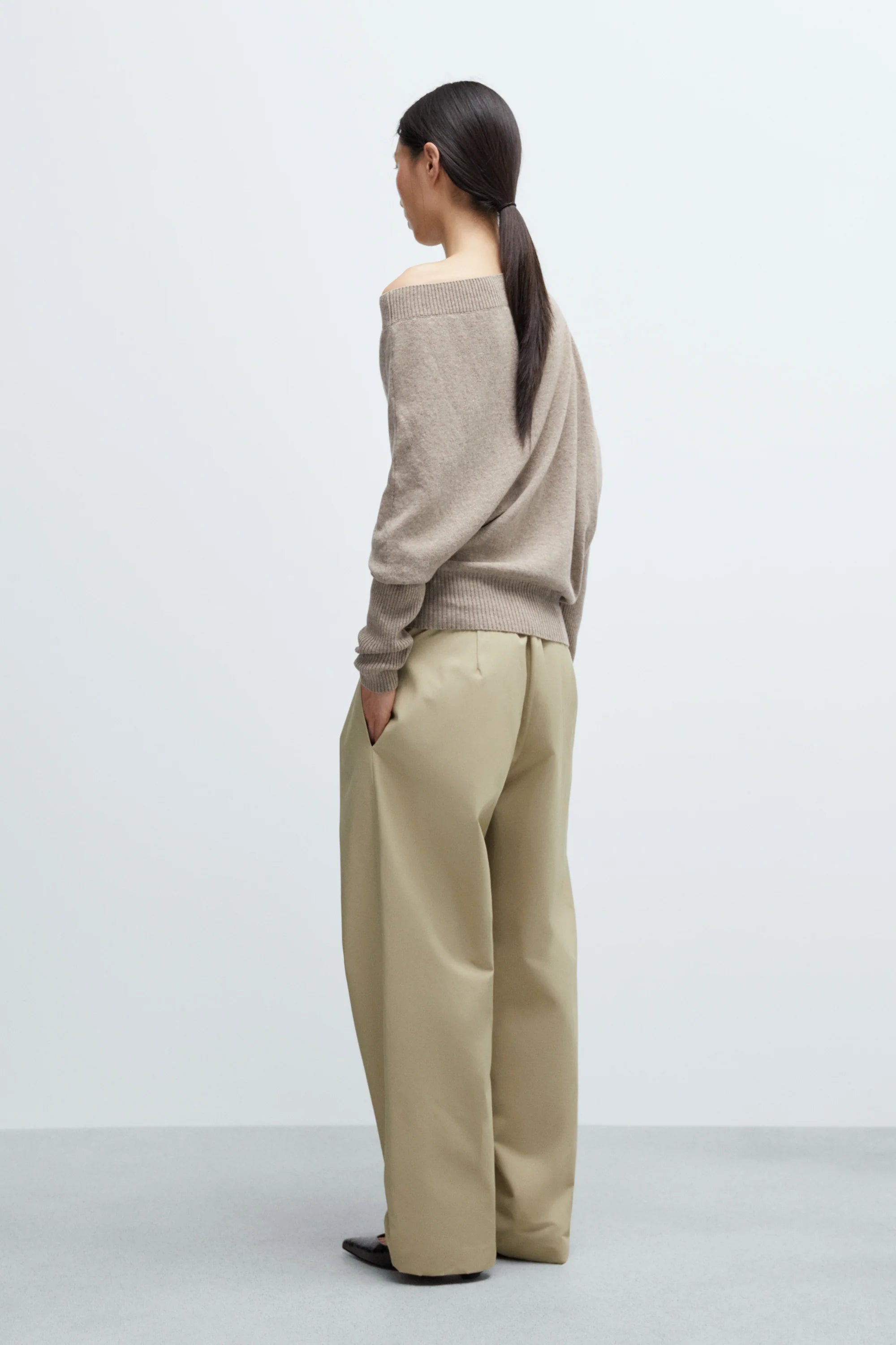 Merino Wool Off-Shoulder Sweater Taupe