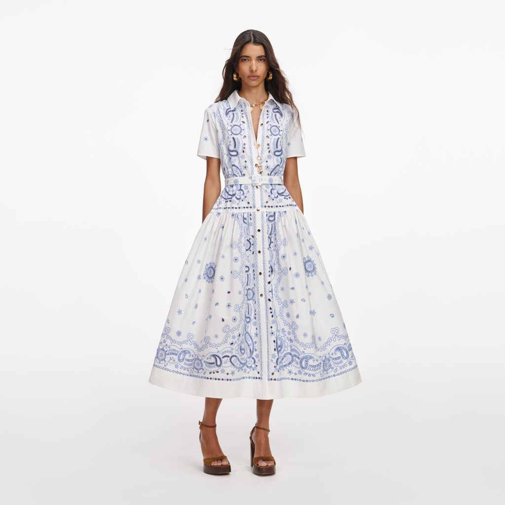 White And Blue Embroidered Midi Dress