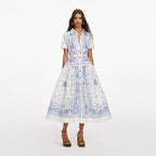 White And Blue Embroidered Midi Dress