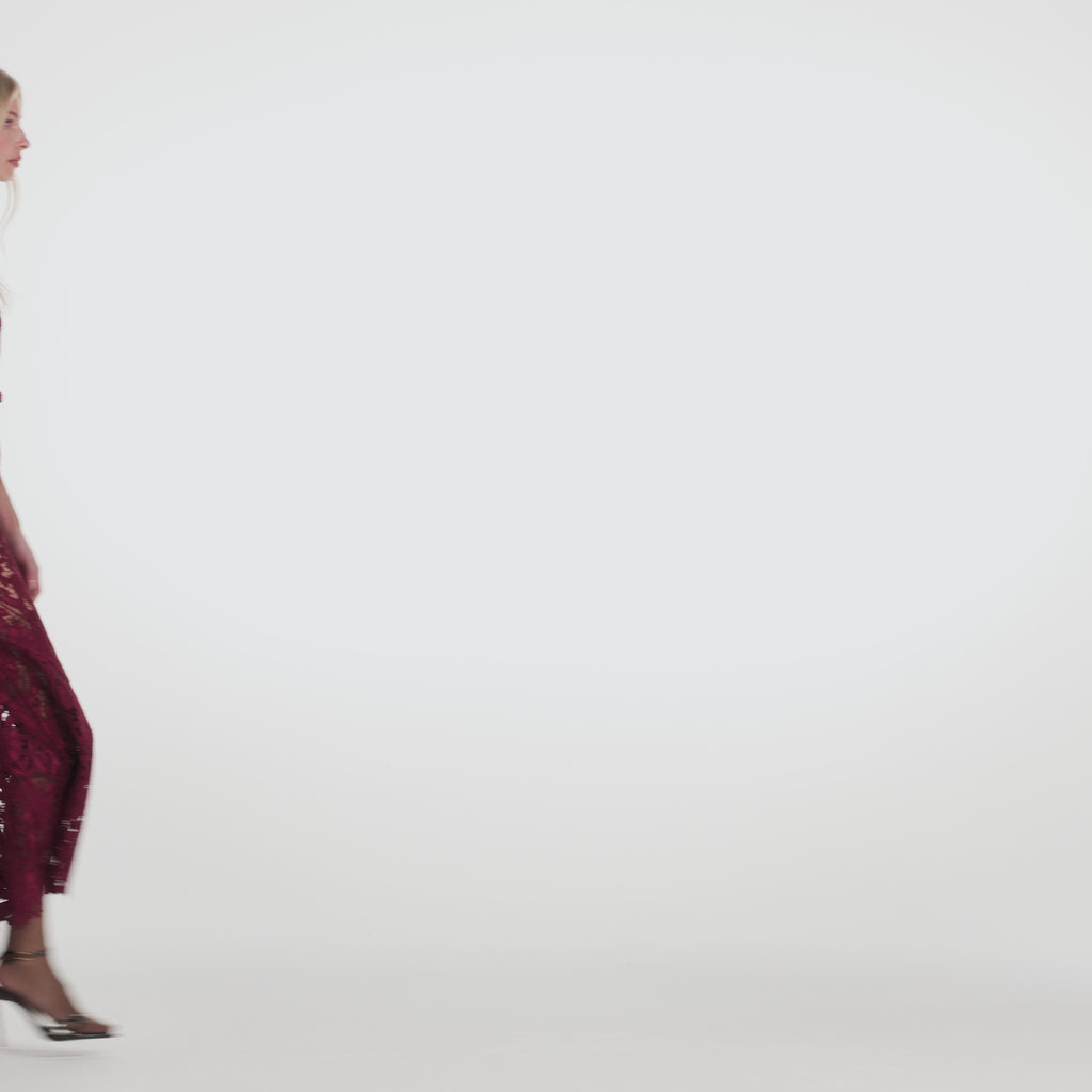 BURGUNDY GUIPURE LACE MIDI DRESS