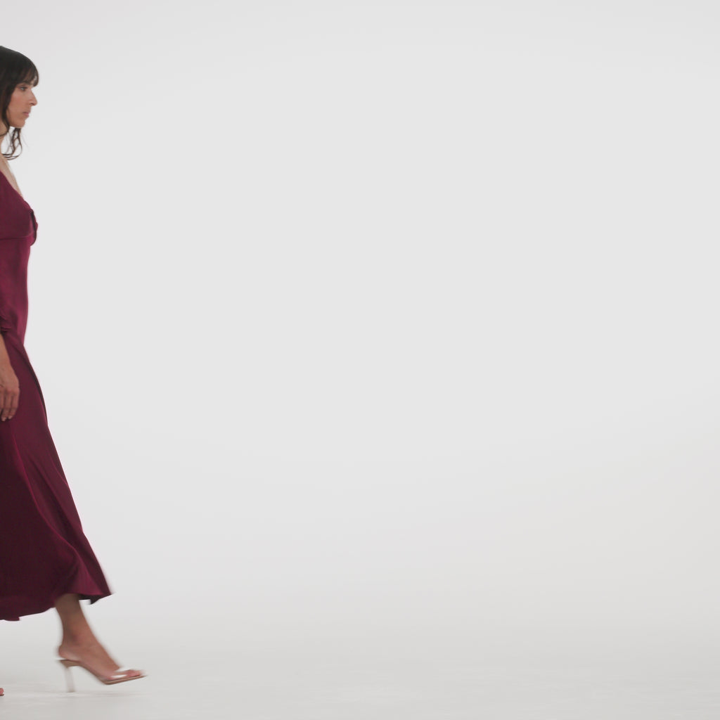 BURGUNDY SATIN FLOWER MIDI DRESS