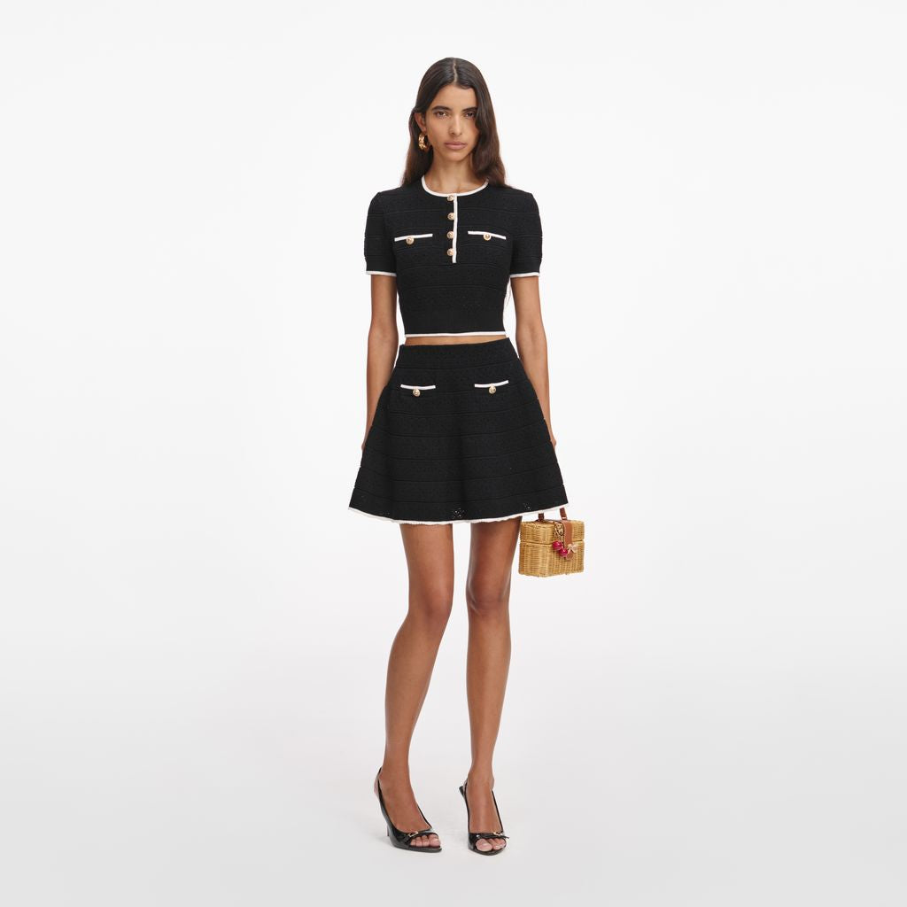 Black Pointelle Knit Mini Skirt
