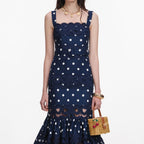 Navy Polka Dot Linen Midi Dress