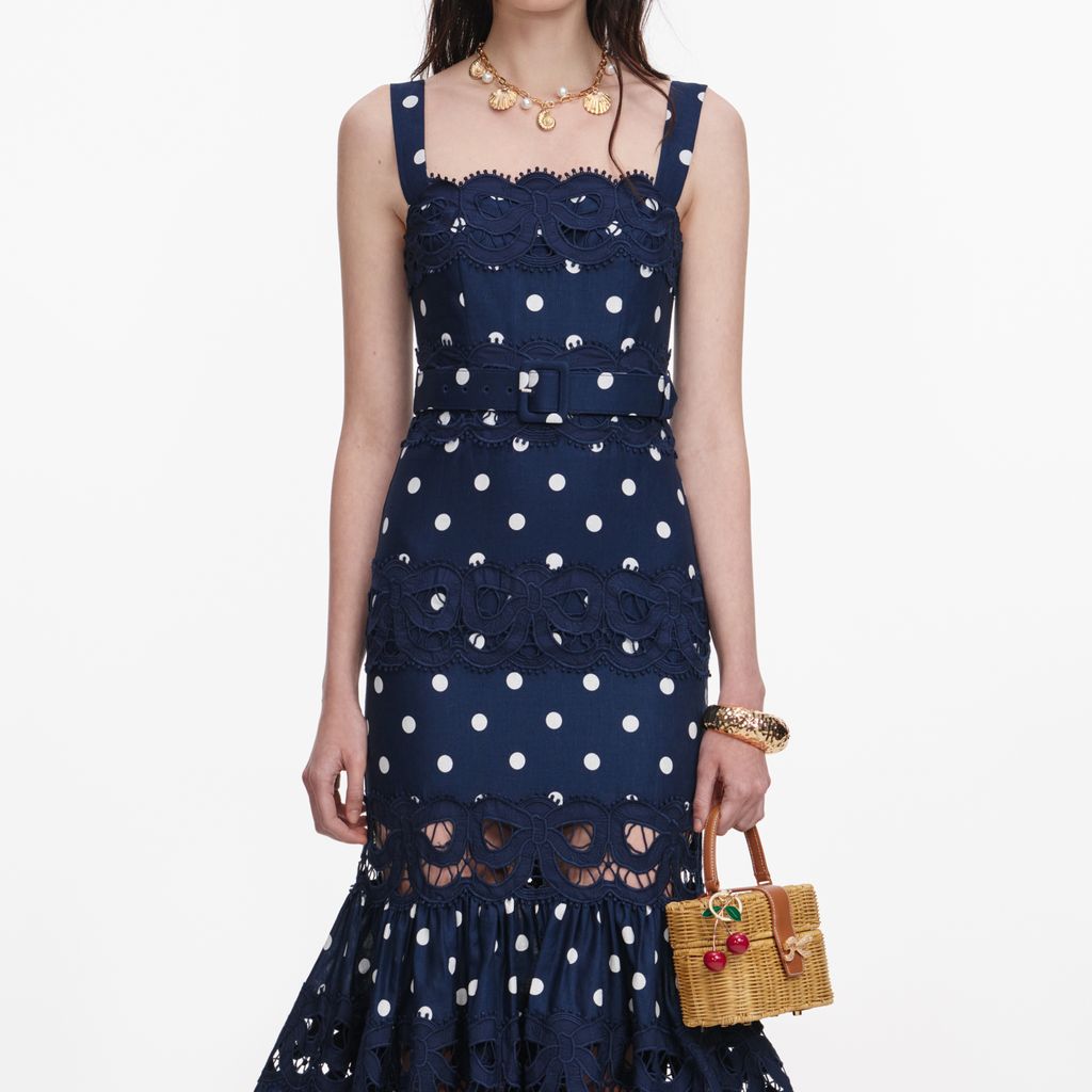 Navy Polka Dot Linen Midi Dress