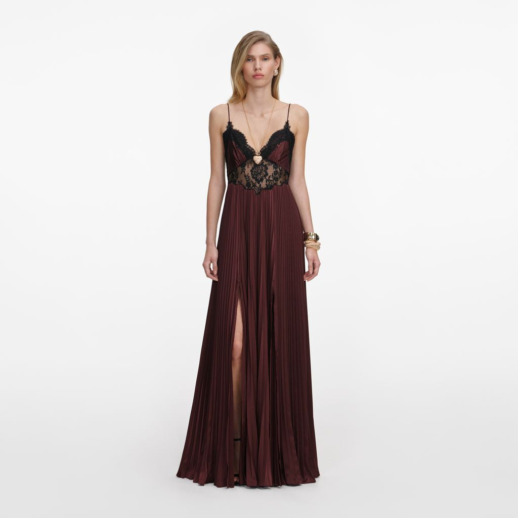 Brown Satin Lace Insert Maxi Dress